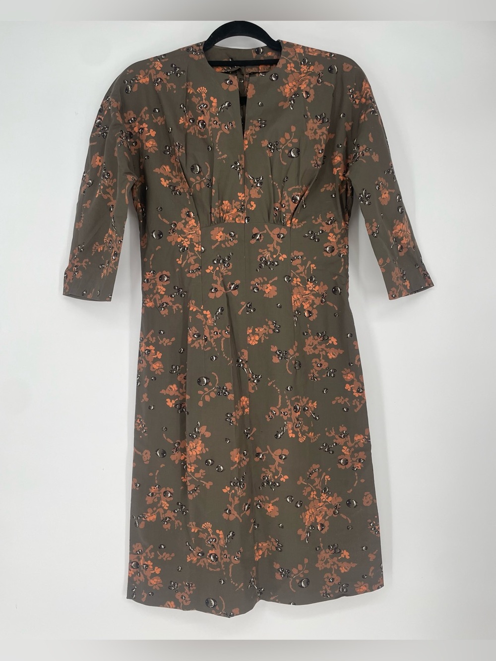 Floral Olive & Orange Midi Dress In Vintage Style, Size 6
